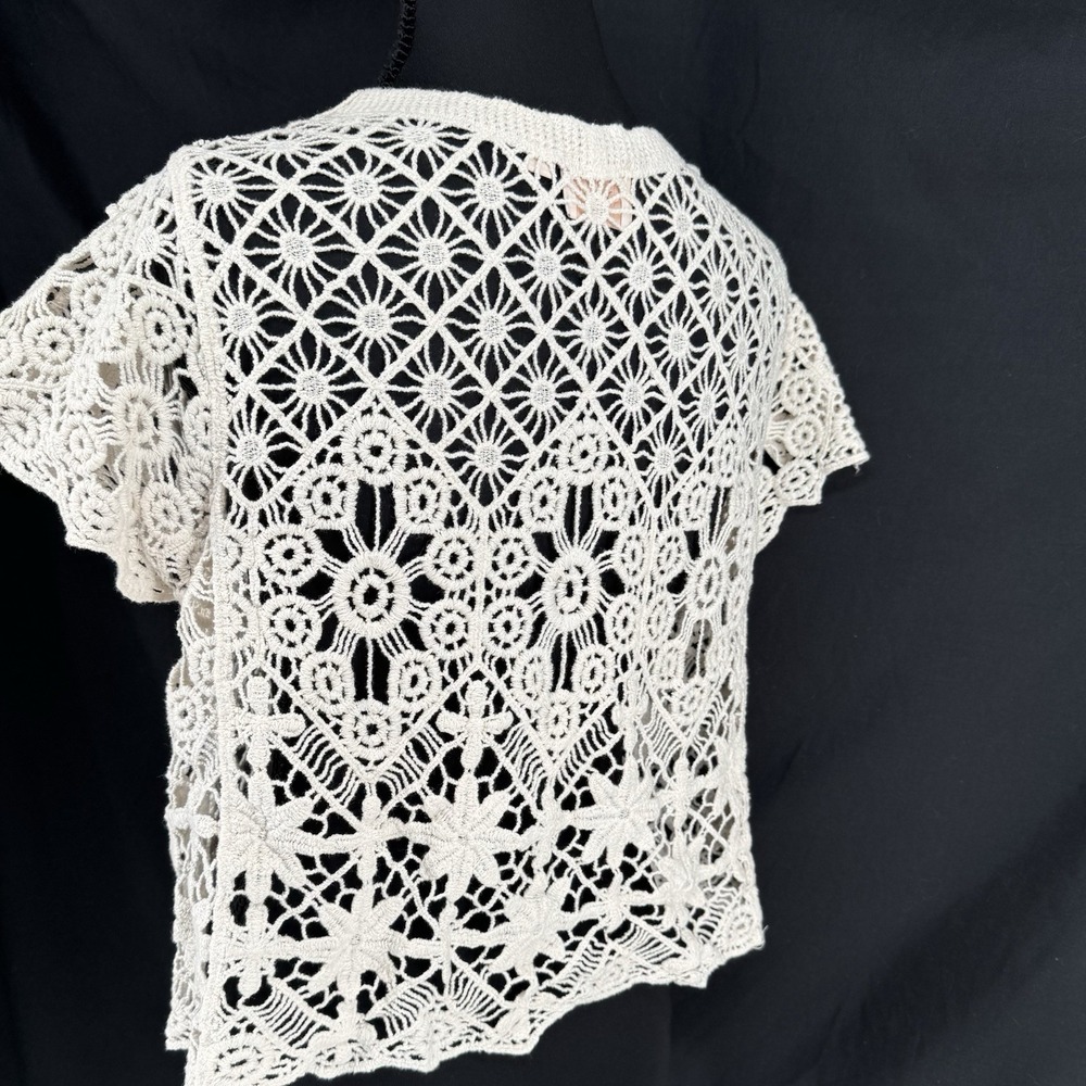 Ivory Crochet Sheer Lace Top L Boho Chic Cottagecore Indie Short Sleeve Cardigan - Picture 4 of 6